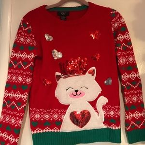 NWT Girl's Red Sweater Plush Kitty Sequins Hearts